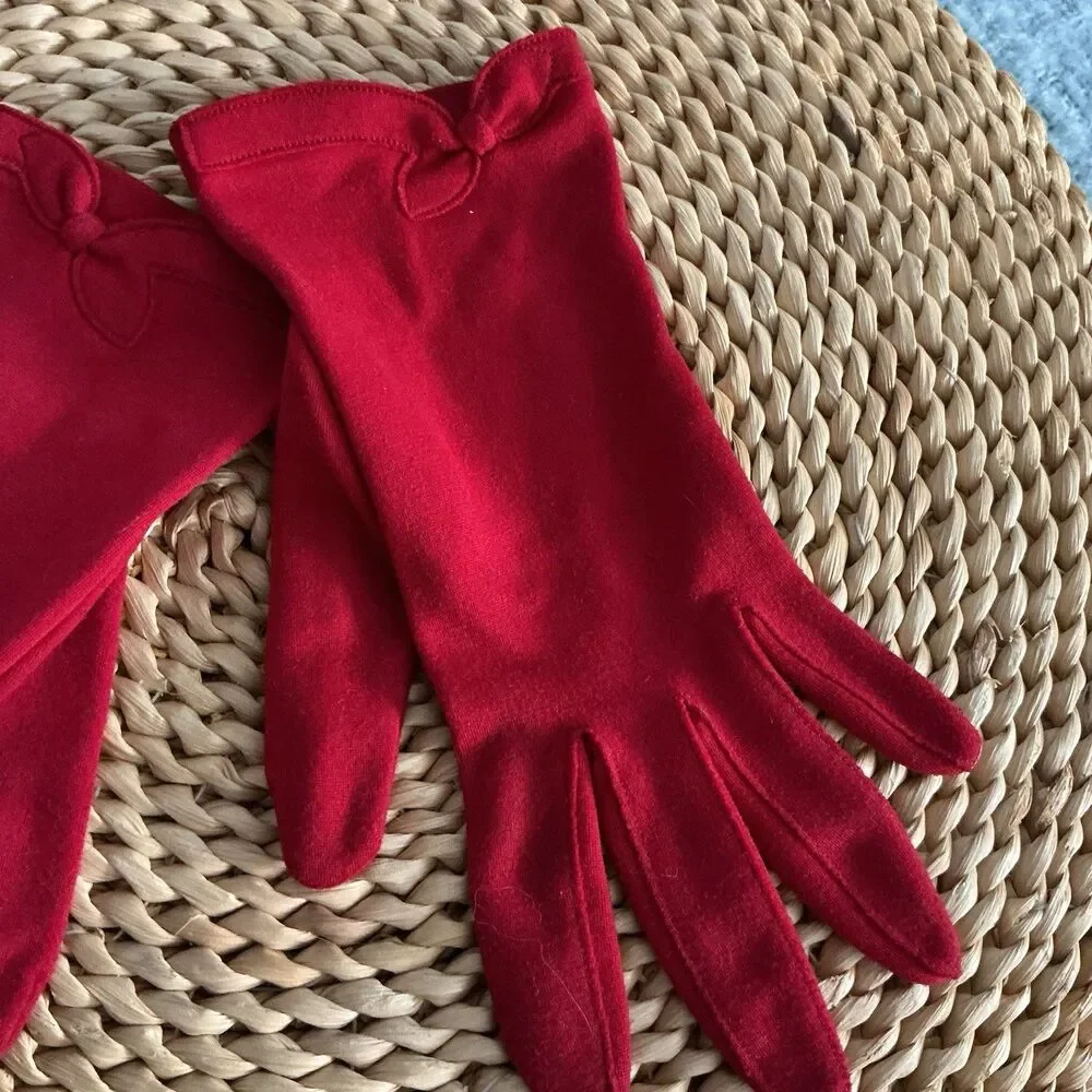 Vintage Red Stretch Dress Gloves Medium 6.5-7 Bow Cuff Women’s Formal Costume